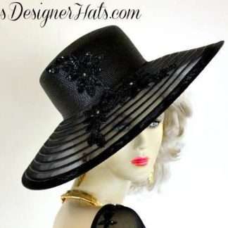 Elegant Black Big Brim Beaded Formal Hat