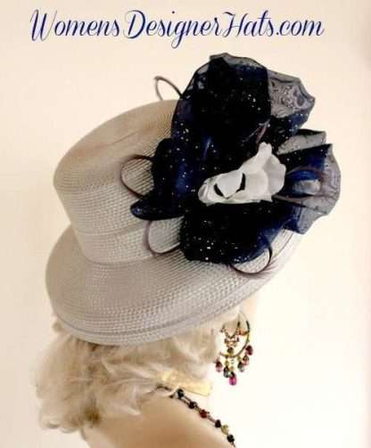 Silver Grey White Navy Blue Designer Couture Hat