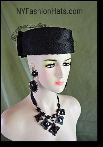 Formal Black Satin Pillbox Wedding Hat