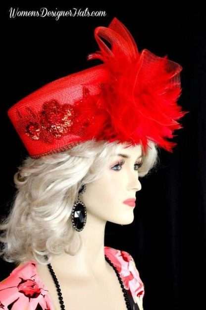 Formal Red Pillbox Couture Designer Hats For Women