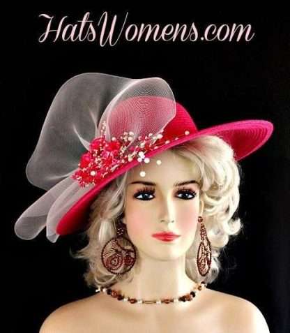 Fuchsia Magenta Hot Pink White Wide Brim Designer Derby Hat Wedding Hats