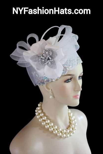 Grey Metallic Silver White Pillbox Cocktail Hat