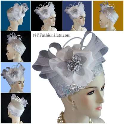 Grey Metallic Silver White Pillbox Cocktail Hat