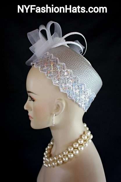 Grey Metallic Silver White Pillbox Cocktail Hat