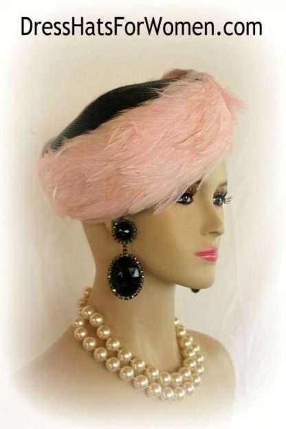 Hat Black Soft Pink Feathered Pillbox For Women