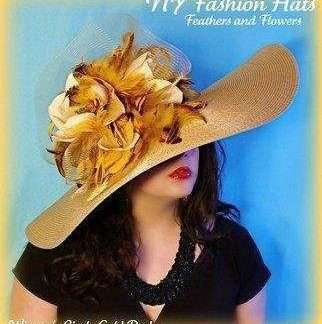 Haute Couture Antique Gold Luxury Big Large Brim Designer Hat