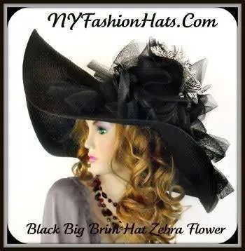 Black White Wide Brim Zebra Big Bow Luxury Statement Hat