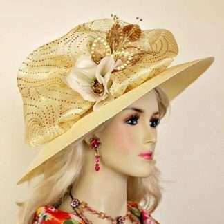 Haute Couture Ivory Beige Metallic Gold Luxury Statement Hat