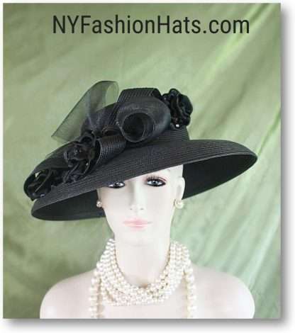 Motf Premium Couture Designer Black Satin Rosette Hat