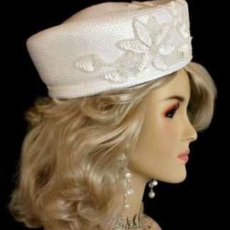 Haute Couture Sequin Beaded White Pillbox Formal Hat