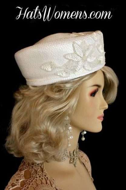 Haute Couture Sequin Beaded White Pillbox Formal Hat