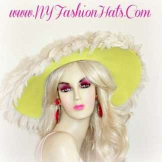 Haute Couture Soft Yellow White Big Brim Hat With Feathers