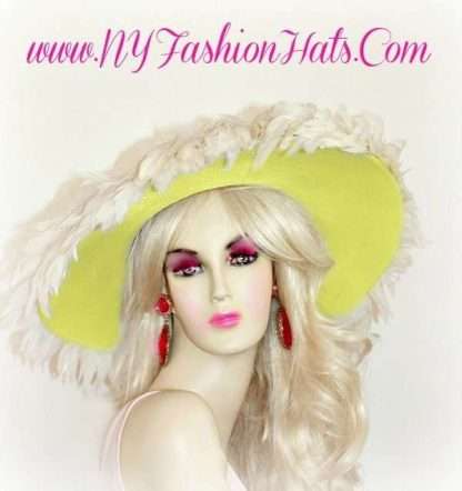 Haute Couture Soft Yellow White Big Brim Hat With Feathers