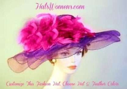 Purple Wide Scallop Brim Designer Hat With Custom Feather Color Choices