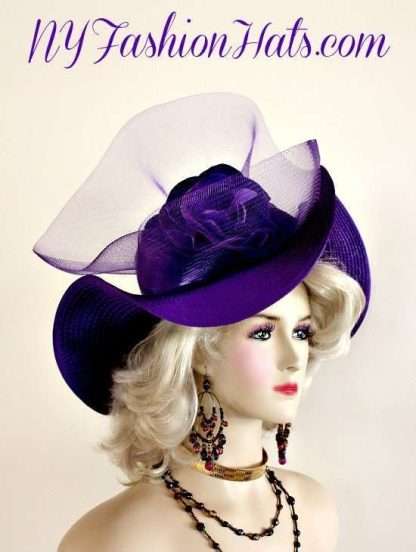 Haute Couture Wavy Big Brim Purple Satin Dress Hat