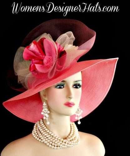 Hot Pink Ivory Wide Brim Couture Designer Hat Fashion Wedding Hats 744