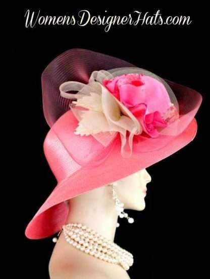 Hot Pink Ivory Wide Brim Couture Designer Hat Fashion Wedding Hats 744