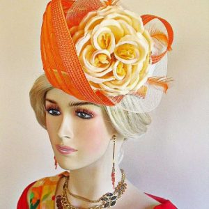 Ivory Beige Orange Pillbox Wedding Church Formal Hat