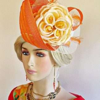 Ivory Beige Orange Pillbox Wedding Church Formal Hat