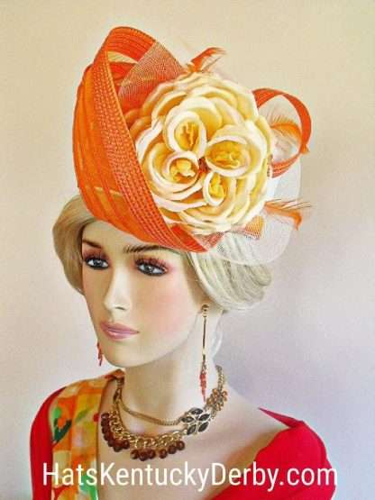 Ivory Beige Orange Pillbox Wedding Church Formal Hat