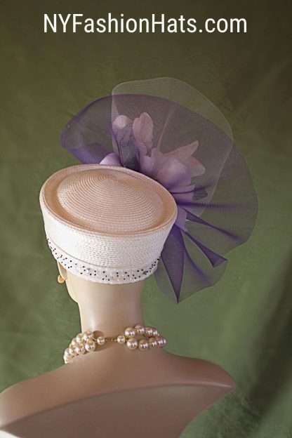 Ivory Beige Purple Pillbox Dress Hat