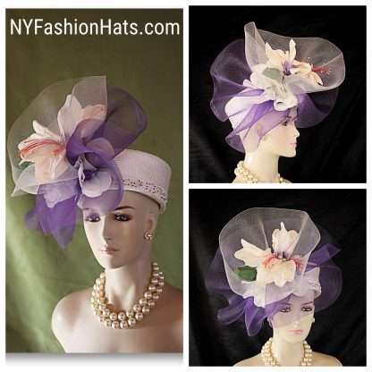 Ivory Beige Purple Pillbox Dress Hat