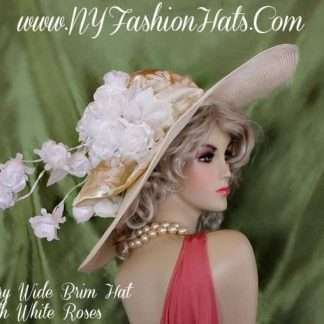 Ivory Designer Wide Brim Hat With A Gold Bow White Roses Dress Hats