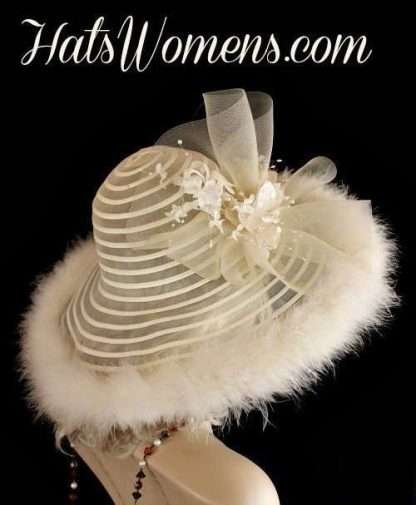 Ivory Sheer Designer Wedding Hat Feathers Silk Flowers Wide Brim Hats