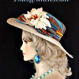 Ivory Wide Brim Designer Hat Orange Wine Red Turquoise Black Covered Crown