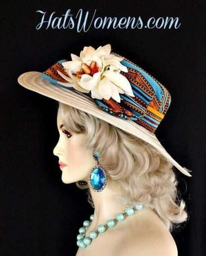 Ivory Wide Brim Designer Hat Orange Wine Red Turquoise Black Covered Crown