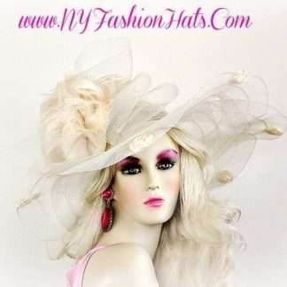 Ivory Wide Brim Designer Hat With Rosettes And Feathers Ladies Hats