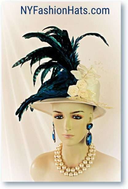 Ivory Off White Peacock Blue Satin Formal Hat