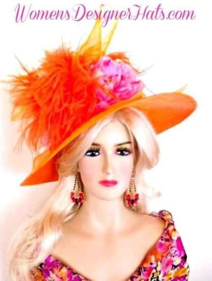 Kentucky Derby Hat Orange Pink Designer Hats For Women Wide Brim