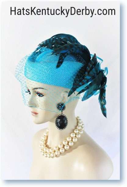 Turquoise Blue Dramatic Feather Pillbox Hat