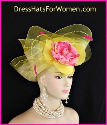 Women's Yellow Pink Couture Designer Church Wedding Fashion Hats Fl45