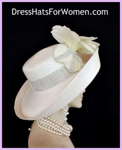 Ivory Fuchsia Wide Brim Straw Braid Rhinestone Church Wedding Special Occasion Hat