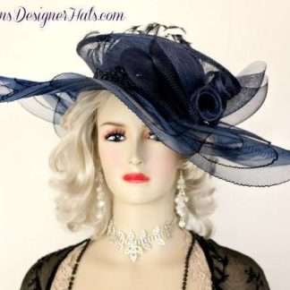 Kentucky Derby Hats Navy Blue Crin Straw Women's Designer Dress Hat