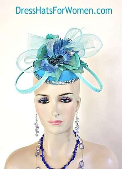 Kentucky Derby Hats Sinamay Straw Blue Green Pillbox Fascinator Hat