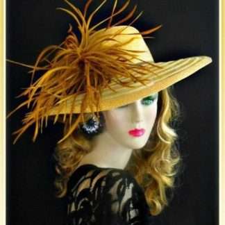 Ladies Antique Gold Feathered Kentucky Derby Hat