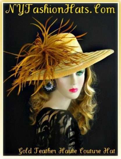 Ladies Antique Gold Feathered Kentucky Derby Hat