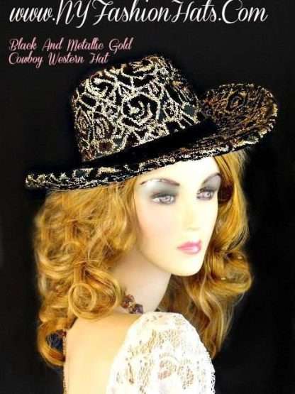 Ladies Black And Metallic Gold Designer Western Cowboy Hat Dress Hats