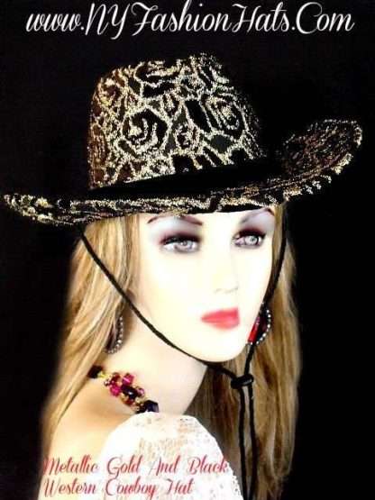 Ladies Black And Metallic Gold Designer Western Cowboy Hat Dress Hats