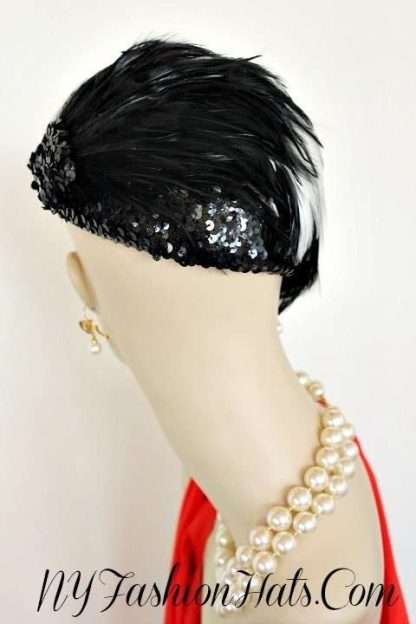 Ladies Black White Flapper Deco Feather Cocktail Pillbox Hat