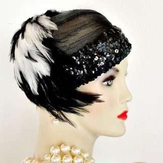 Ladies Black White Flapper Deco Feather Cocktail Pillbox Hat