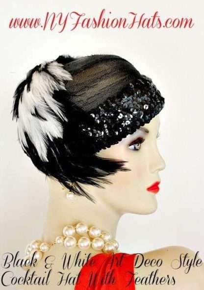 Ladies Black White Flapper Deco Feather Cocktail Pillbox Hat