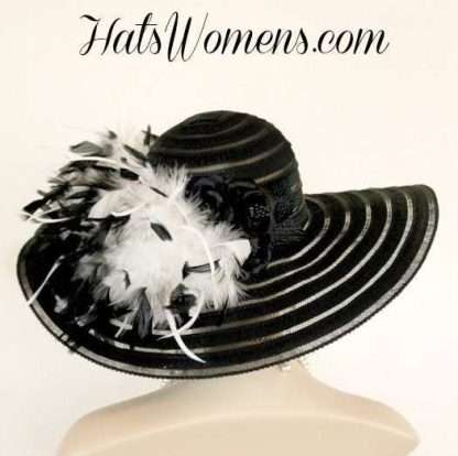 Ladies Black White Wide Brim Church Wedding Designer Fashion Hat Feathers Roses