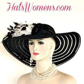 Ladies Black White Wide Brim Church Wedding Designer Fashion Hat Feathers Roses