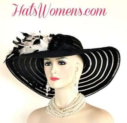 Ladies Black White Wide Brim Church Wedding Designer Fashion Hat Feathers Roses