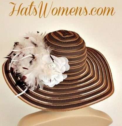 Ladies Brown White Wide Brim Church Wedding Designer Fashion Hat Feathers Roses