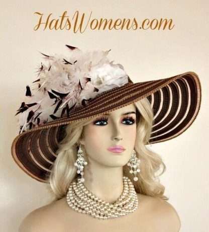 Ladies Brown White Wide Brim Church Wedding Designer Fashion Hat Feathers Roses